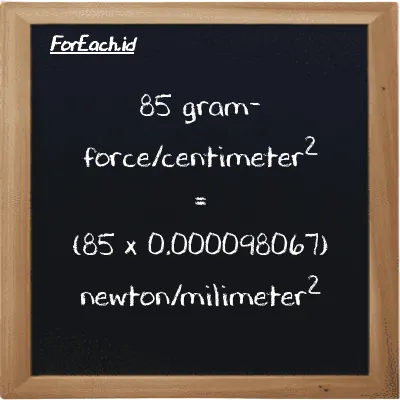 Cara konversi gram-force/centimeter<sup>2</sup> ke newton/milimeter<sup>2</sup> (gf/cm<sup>2</sup> ke N/mm<sup>2</sup>): 85 gram-force/centimeter<sup>2</sup> (gf/cm<sup>2</sup>) setara dengan 85 dikalikan dengan 0.000098067 newton/milimeter<sup>2</sup> (N/mm<sup>2</sup>)